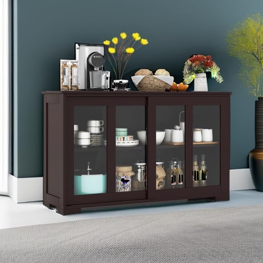 Brown Sliding Glass Door Wood Sideboard Cabinet