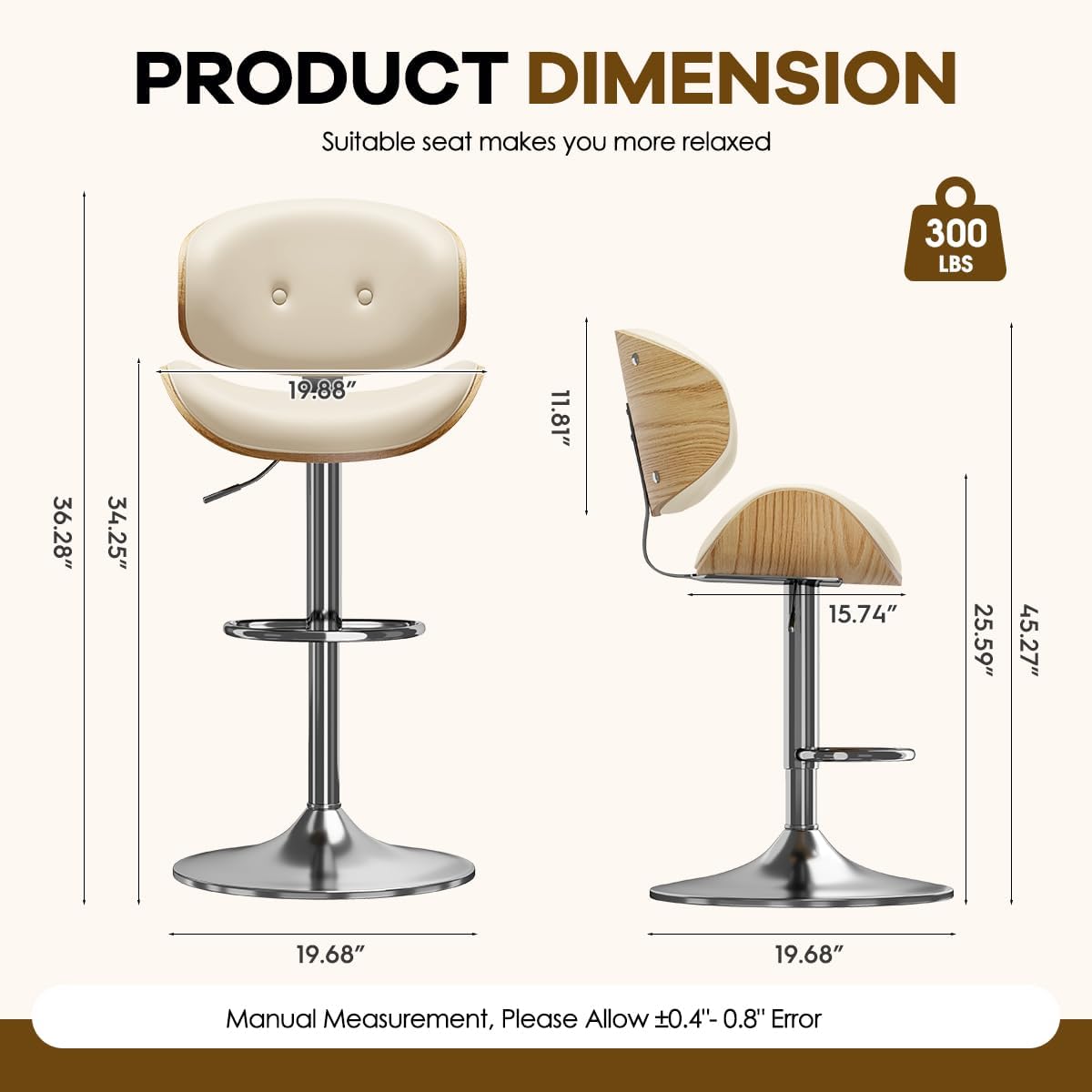 PU Leather Adjustable Swivel Back Bar Stools Set