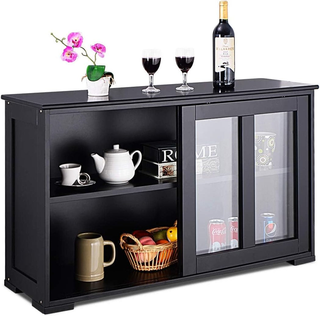Black Wood Sliding Glass Door Sideboard Cabinet