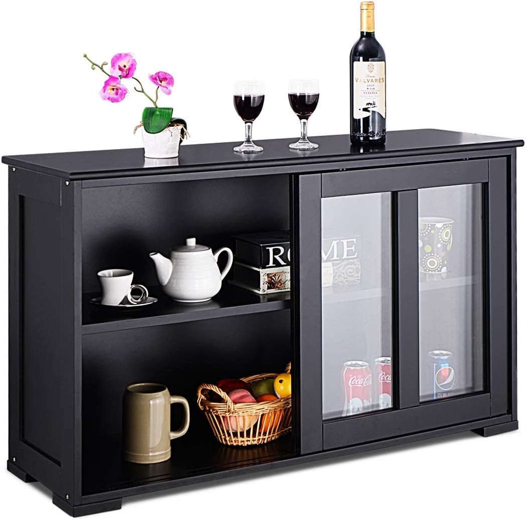 Black Wood Sliding Glass Door Sideboard Cabinet