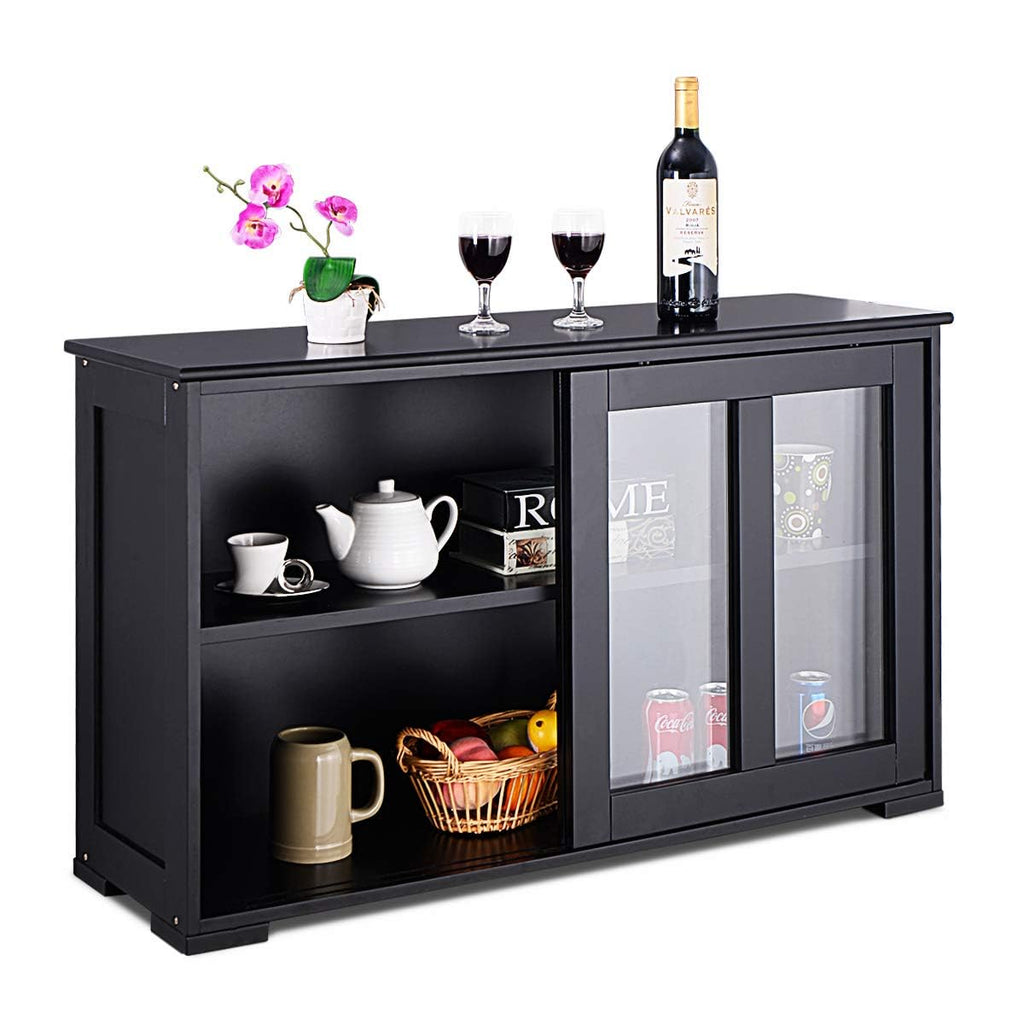 Black Wood Sliding Glass Door Sideboard Cabinet