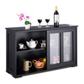 Black Wood Sliding Glass Door Sideboard Cabinet
