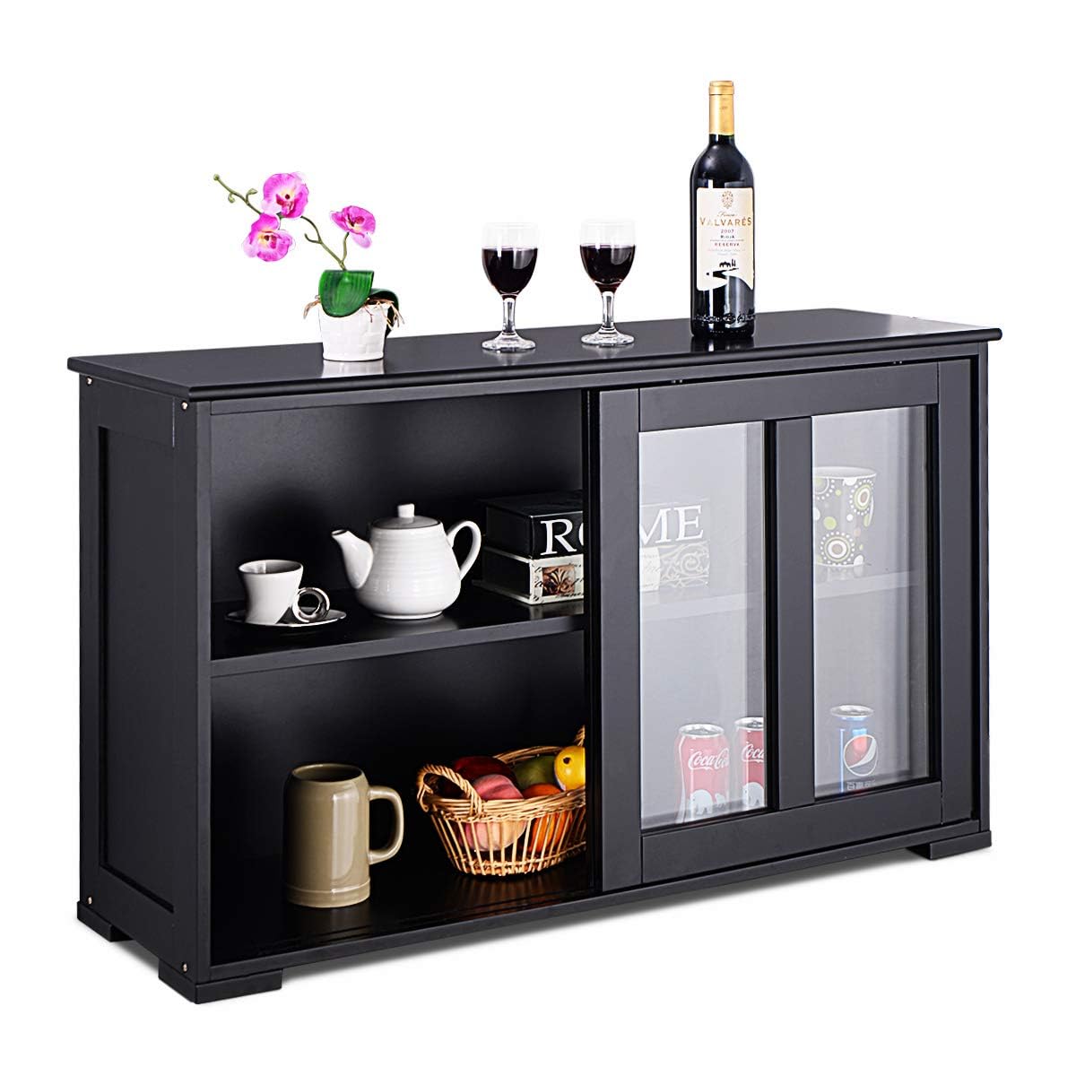 Black Wood Sliding Glass Door Sideboard Cabinet