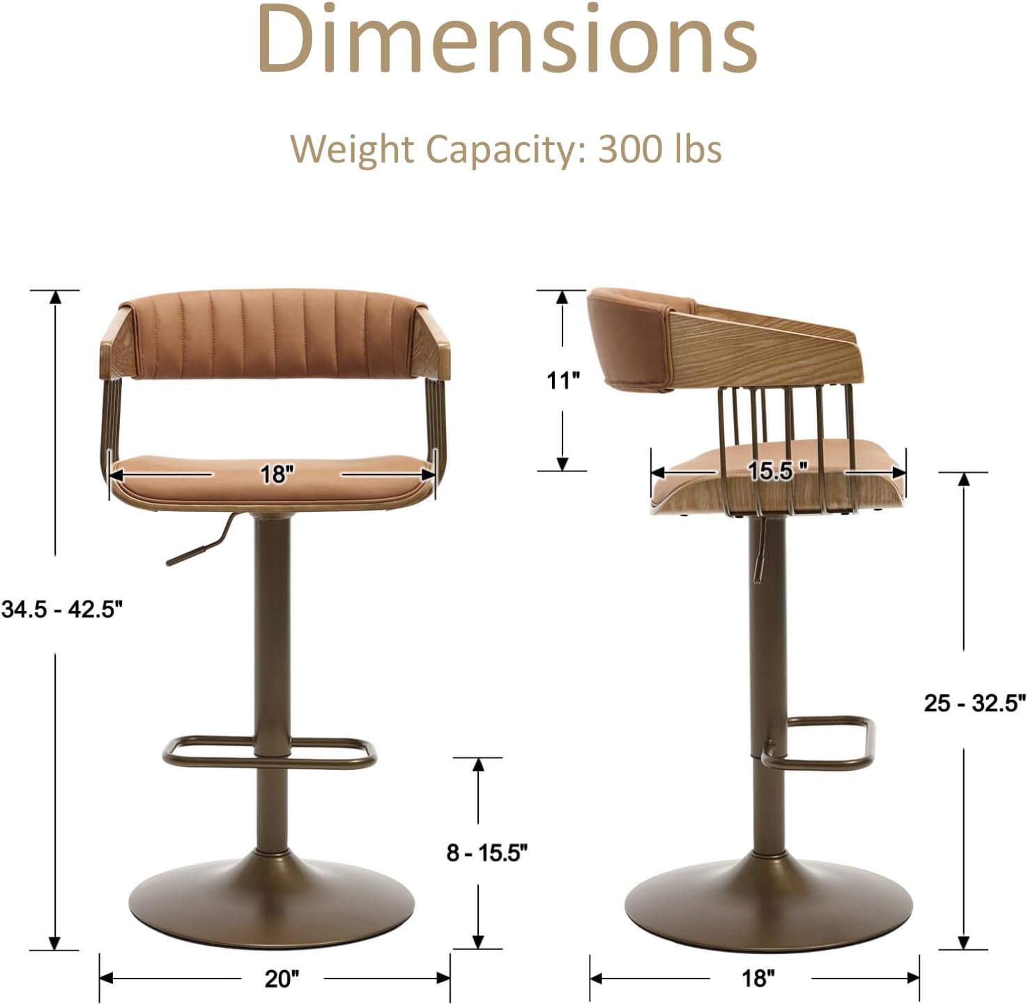 Brown PU Leather Adjustable Back Bar Stools