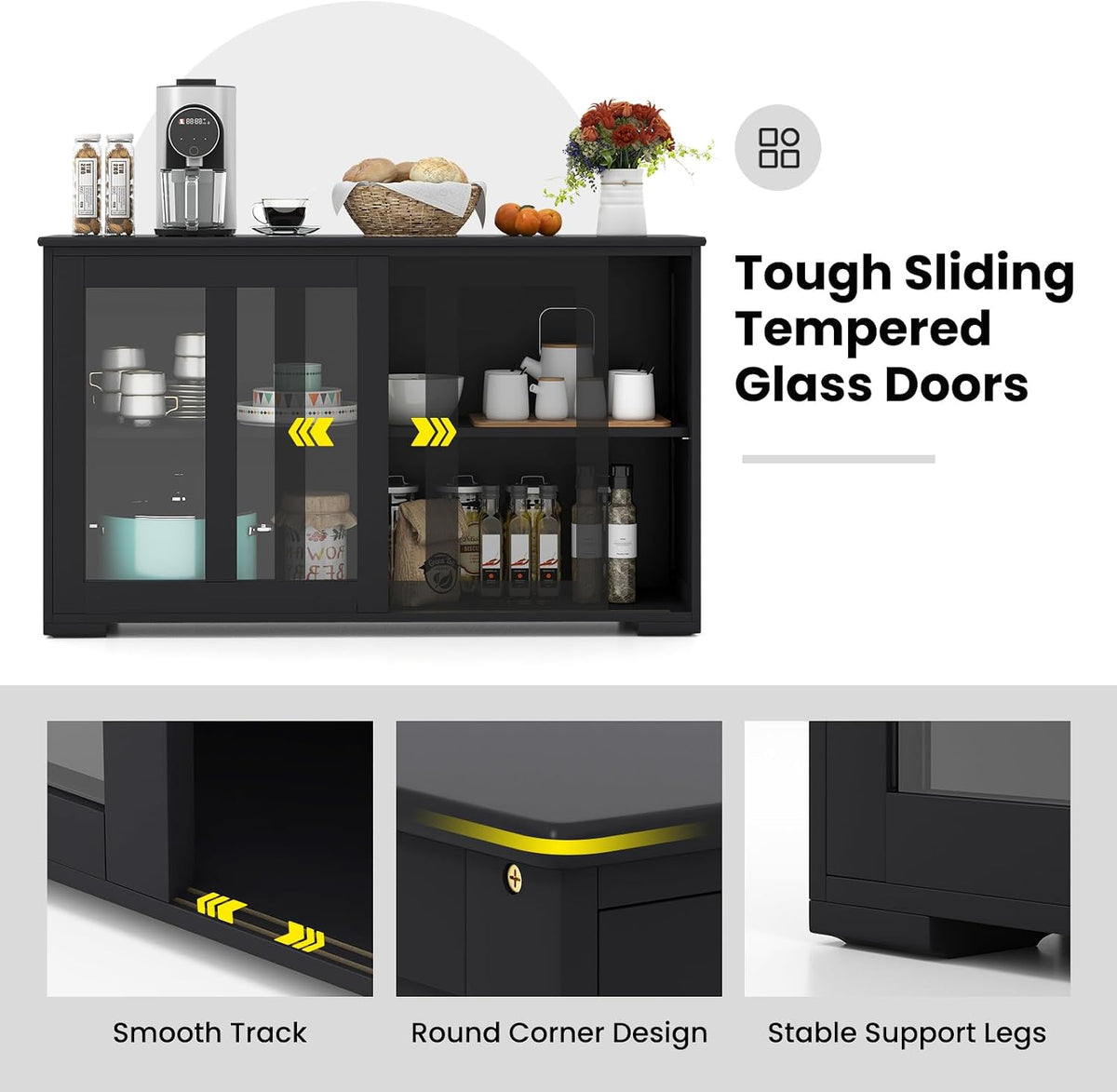 Black Sliding Glass Door Storage Sideboard Cabinet