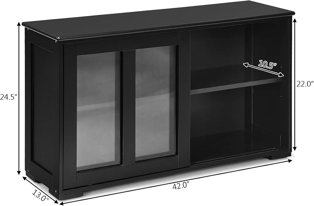 Black Wood Sliding Glass Door Sideboard Cabinet