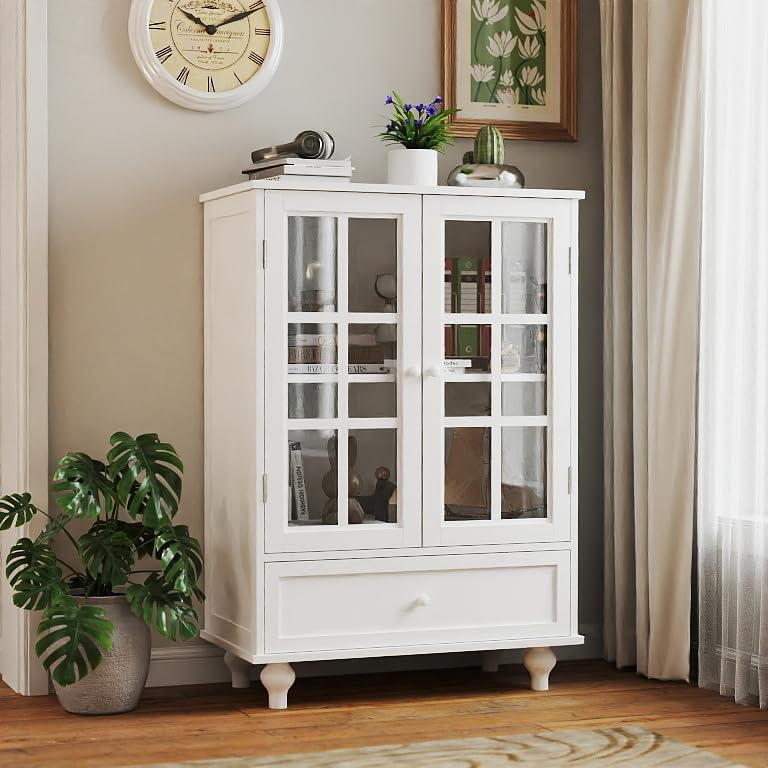 White MDF Glass Door Drawer Sideboard Cabinet