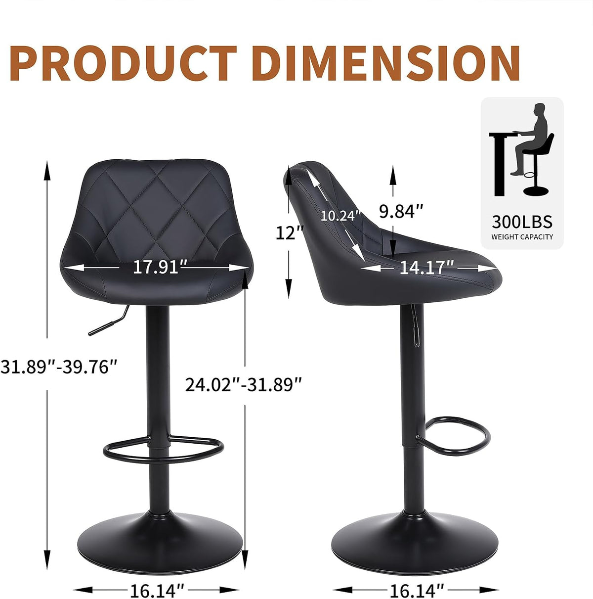 Black PU Leather Adjustable Swivel Bar Stools