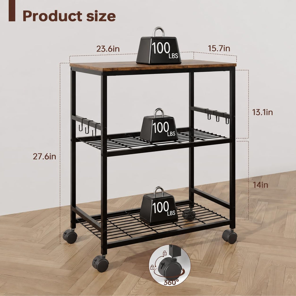 Brown 3 Tier Rolling Kitchen Microwave Cart