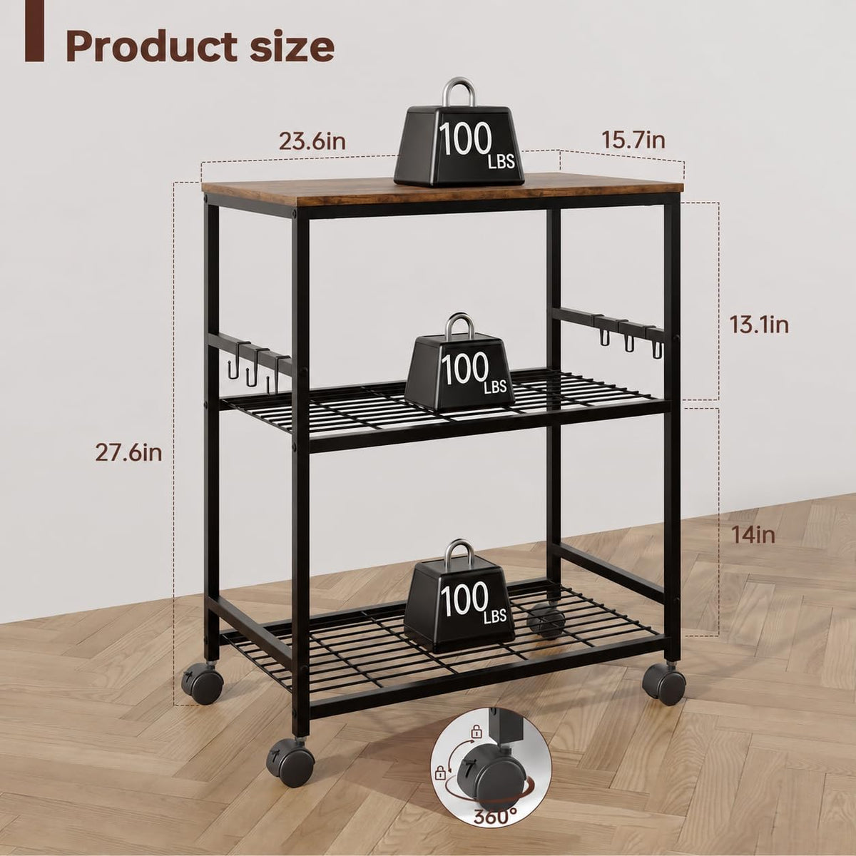 Brown 3 Tier Rolling Kitchen Microwave Cart