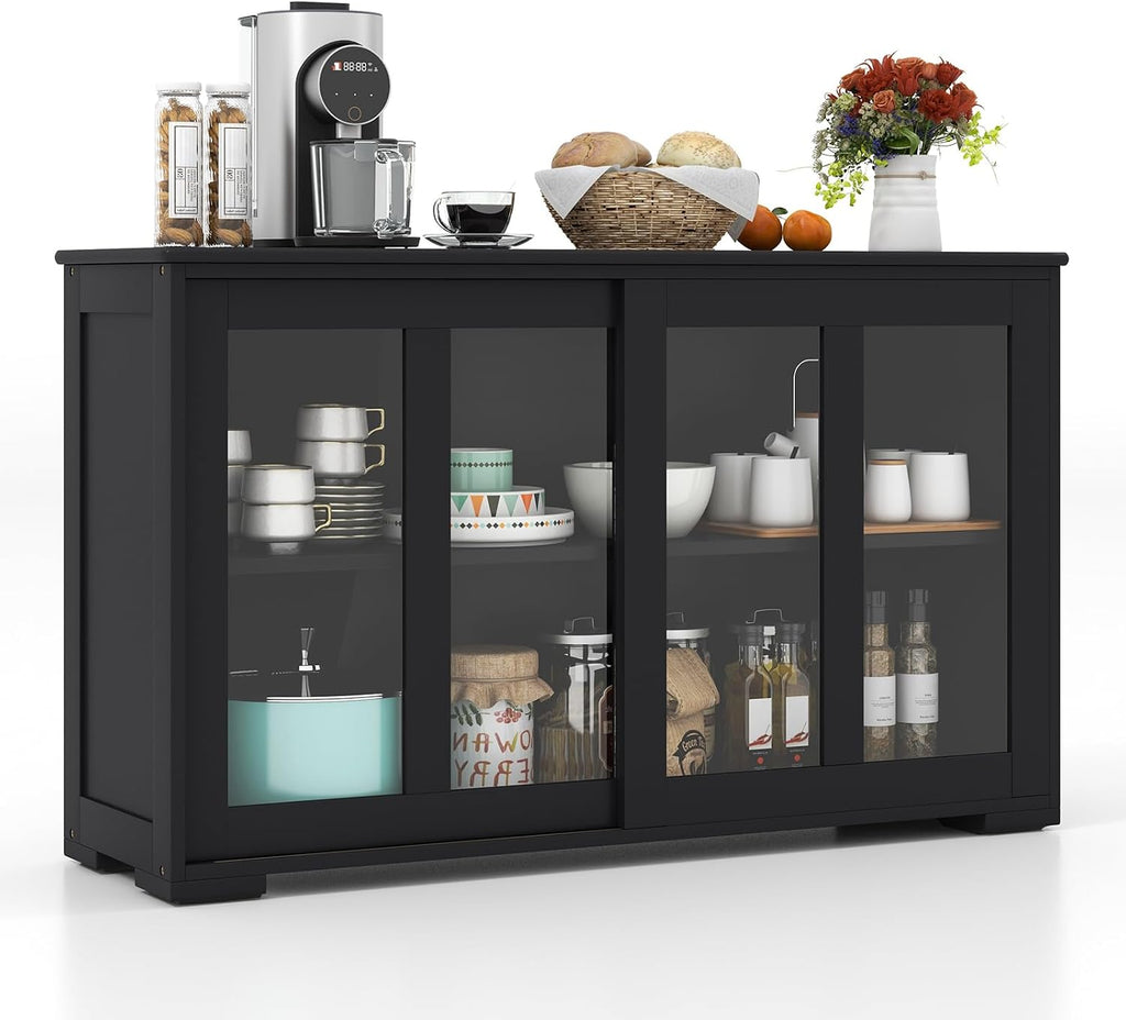 Black Sliding Glass Door Storage Sideboard Cabinet