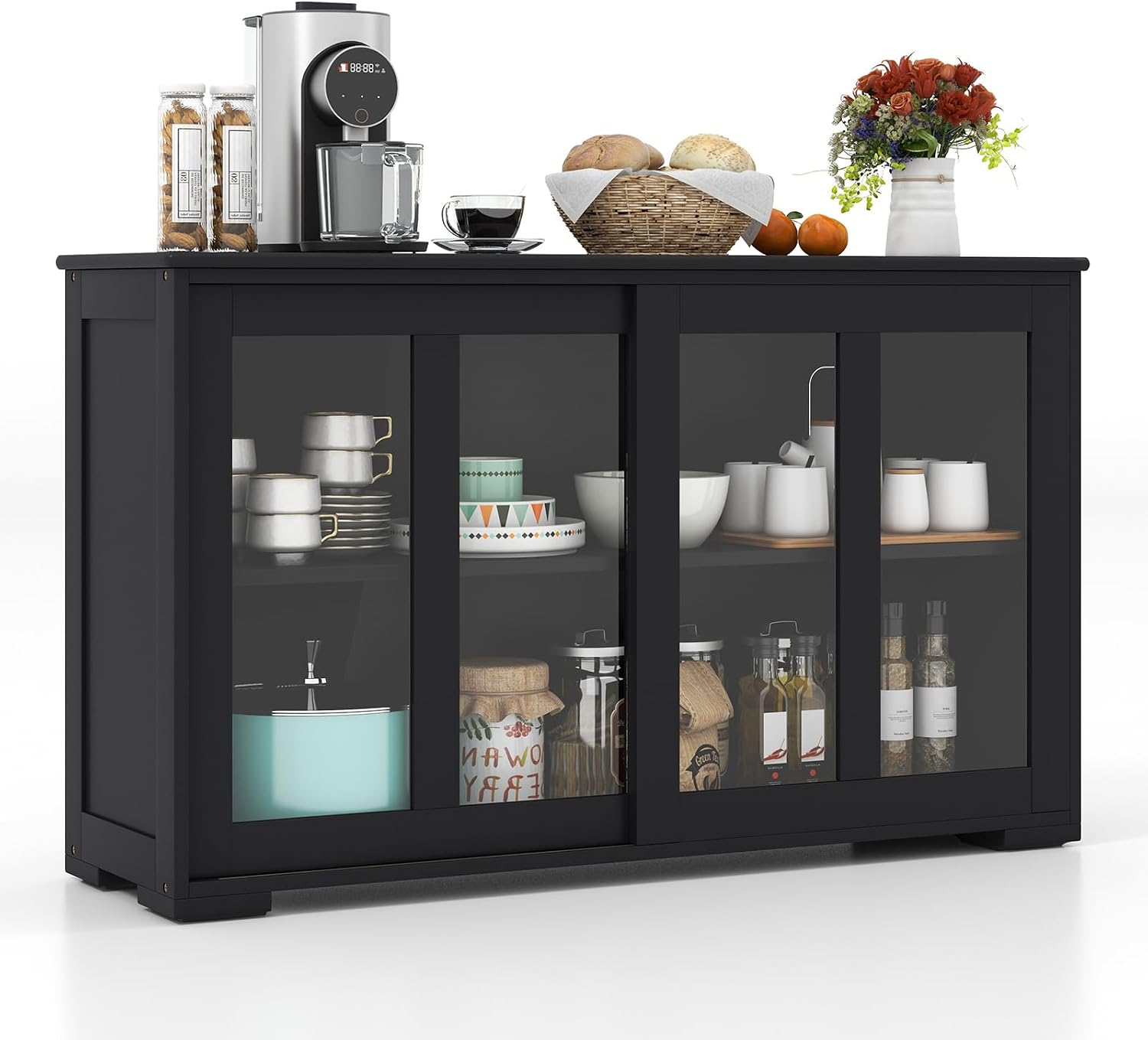 Black Sliding Glass Door Storage Sideboard Cabinet