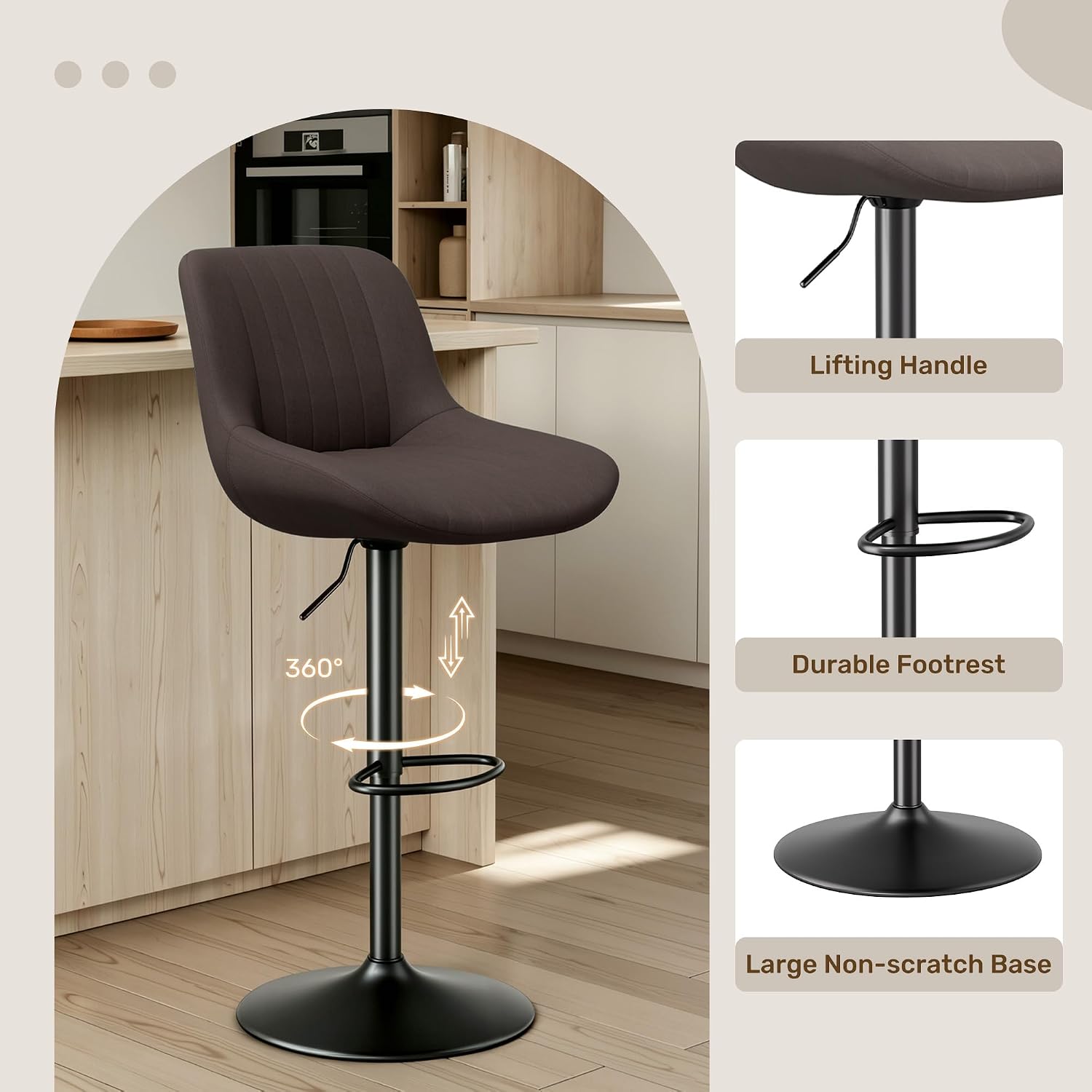 Brown Fabric Adjustable Swivel Bar Stools