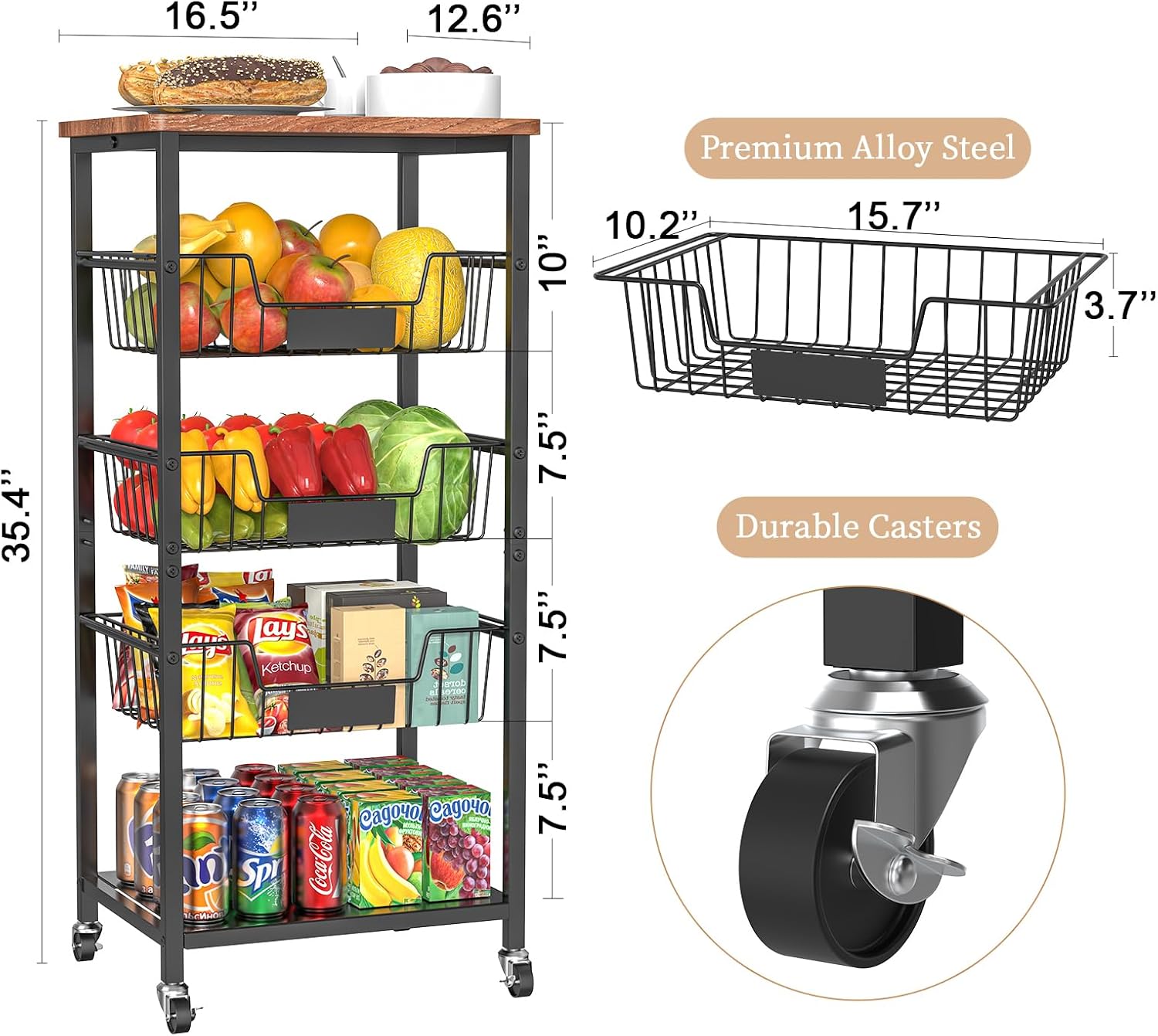 Black 5 Tier Rolling Kitchen Storage Cart