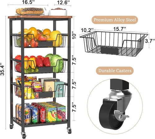 Black 5 Tier Rolling Kitchen Storage Cart
