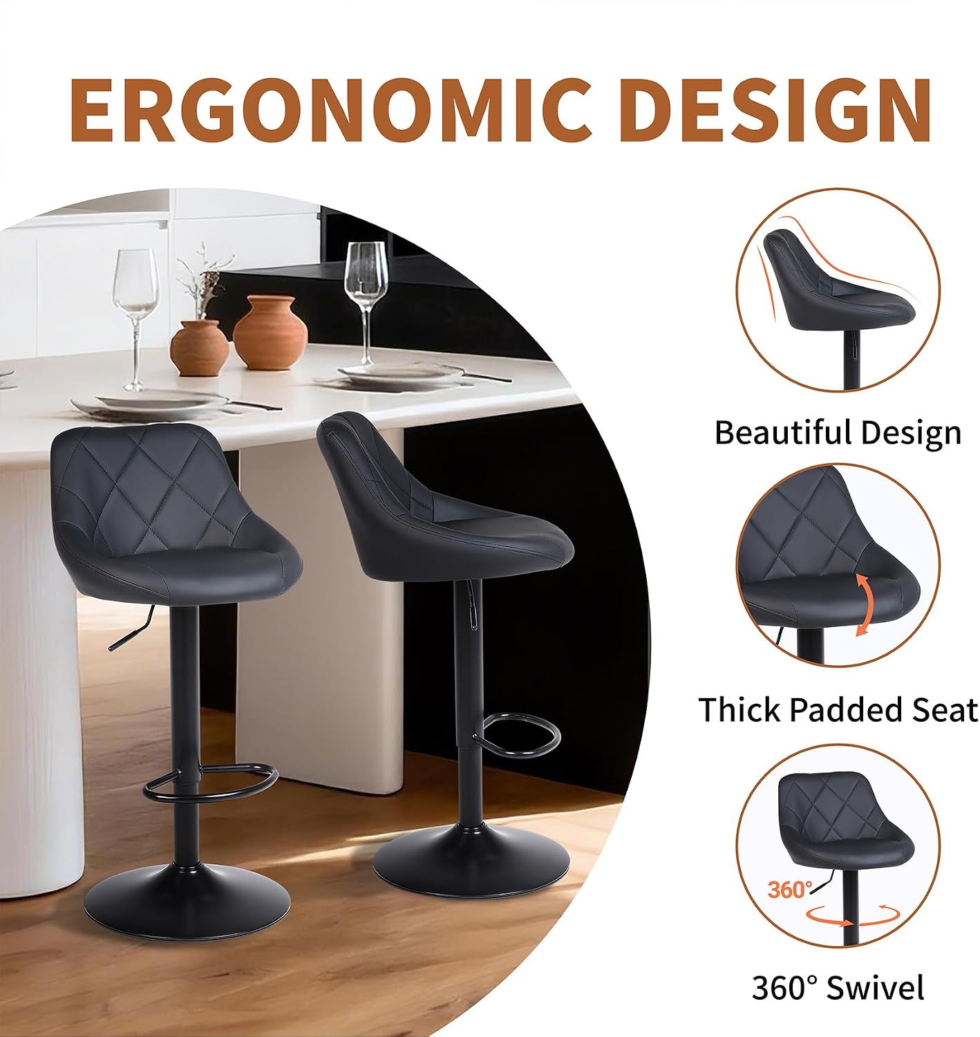 Black PU Leather Adjustable Swivel Bar Stools