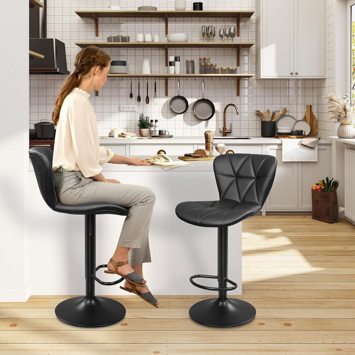 Black PU Leather Shell Back Swivel Bar Stools