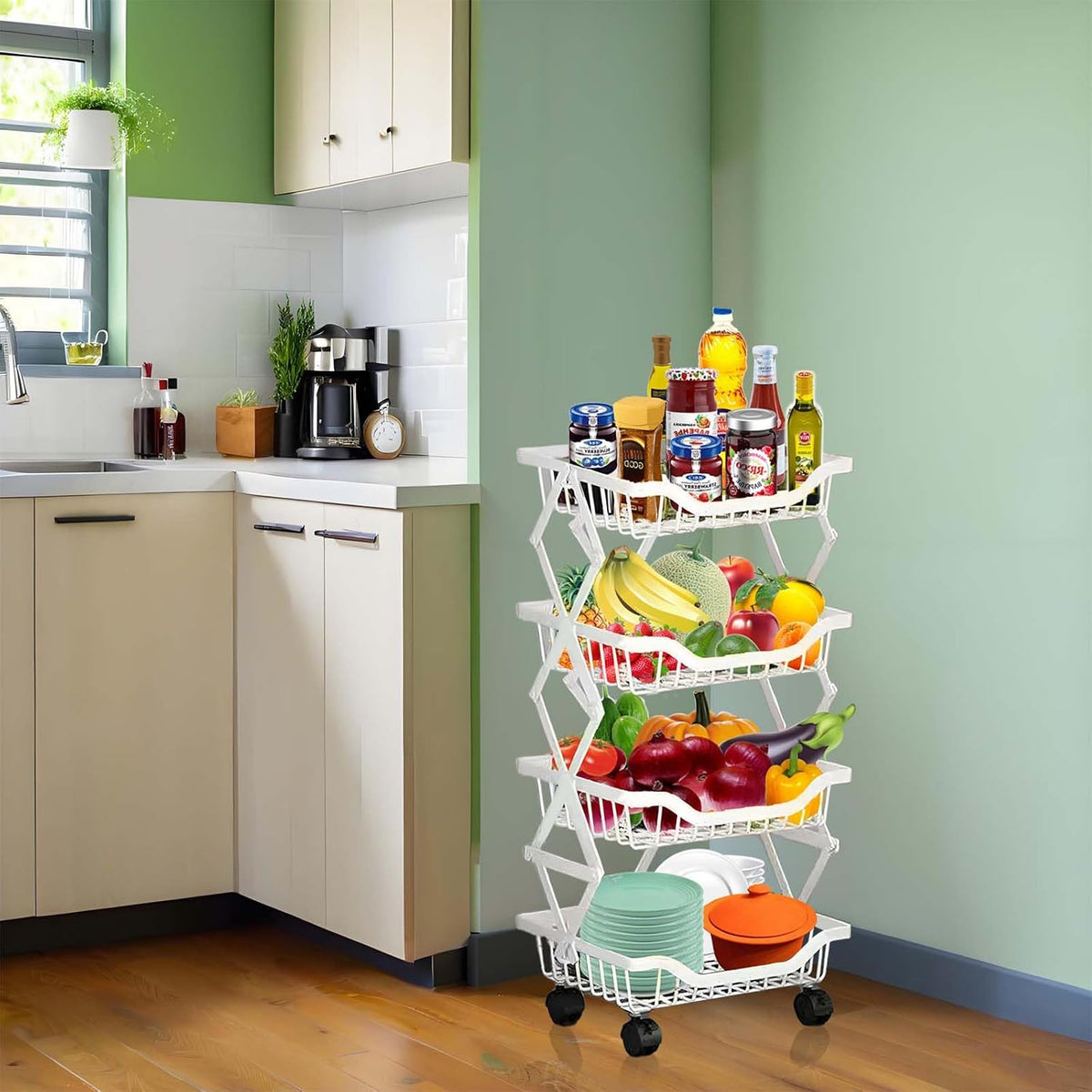 White 4 Tier Rolling Metal Storage Cart