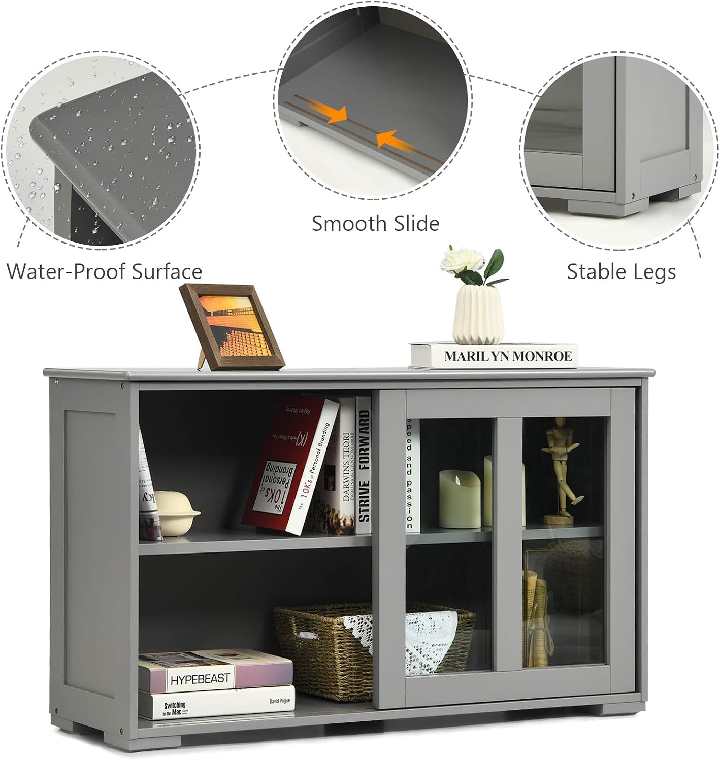 Grey Wood Sliding Glass Door Sideboard Cabinet
