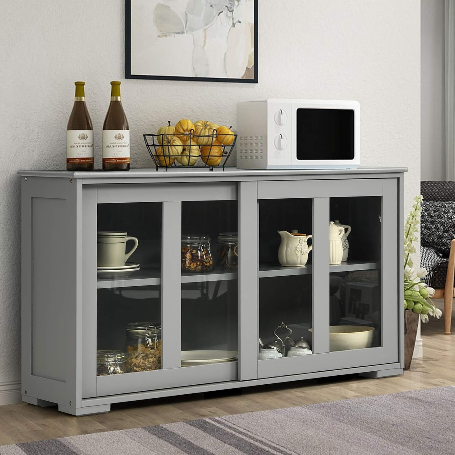 Grey Wood Sliding Glass Door Sideboard Cabinet