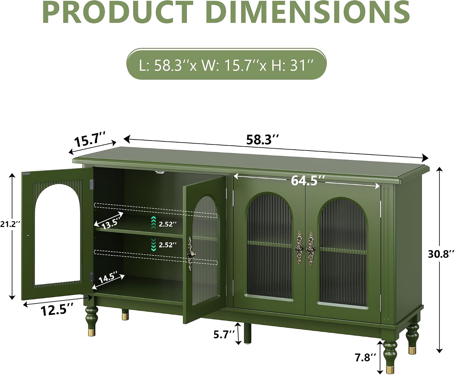 Green Solid Wood Fluted Arched Sideboard Cabinet