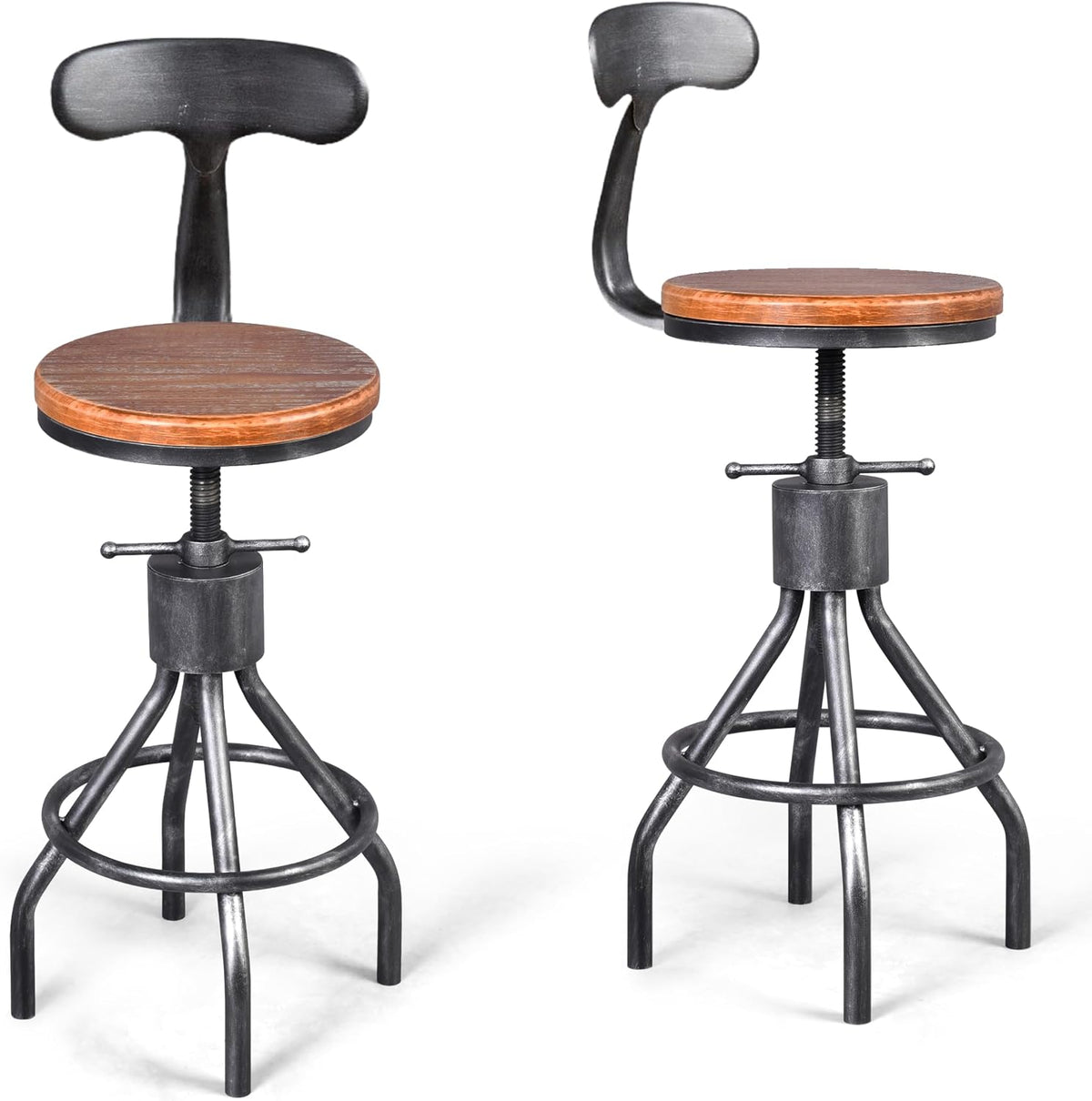 Wood Metal Adjustable Swivel Bar Stools Set