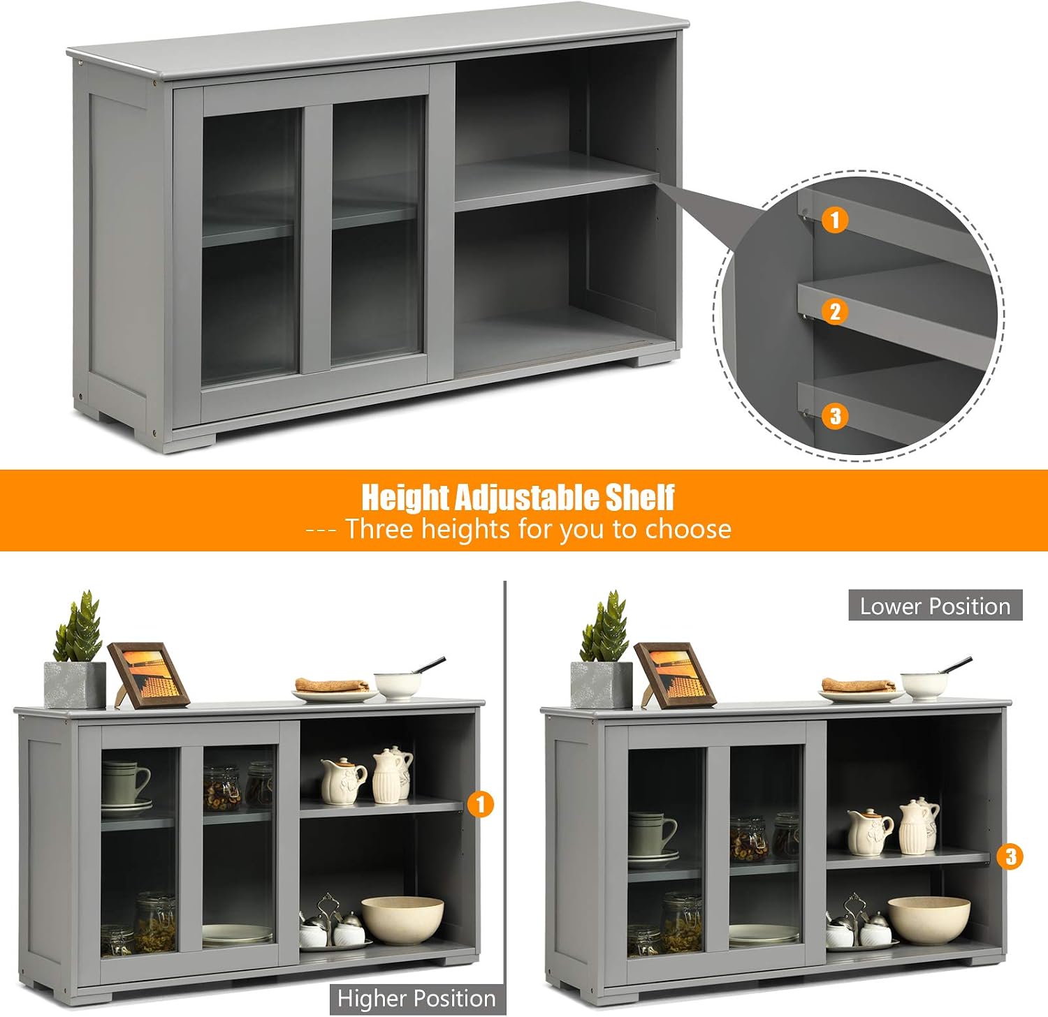 Grey Wood Sliding Glass Door Sideboard Cabinet