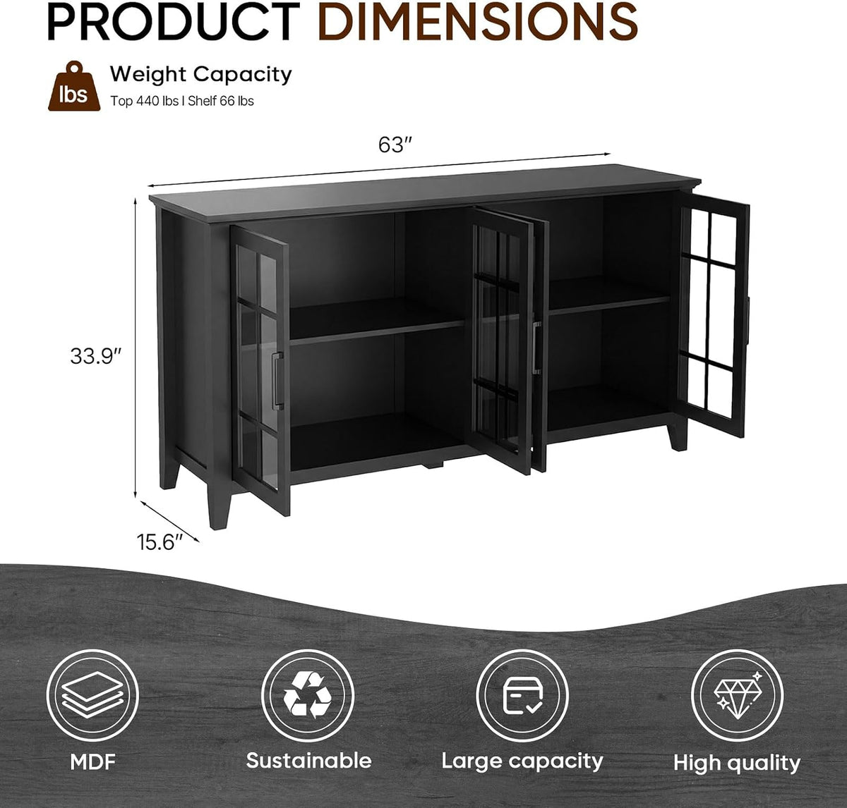 Farmhouse Glass Door Storage Sideboard Cabinet