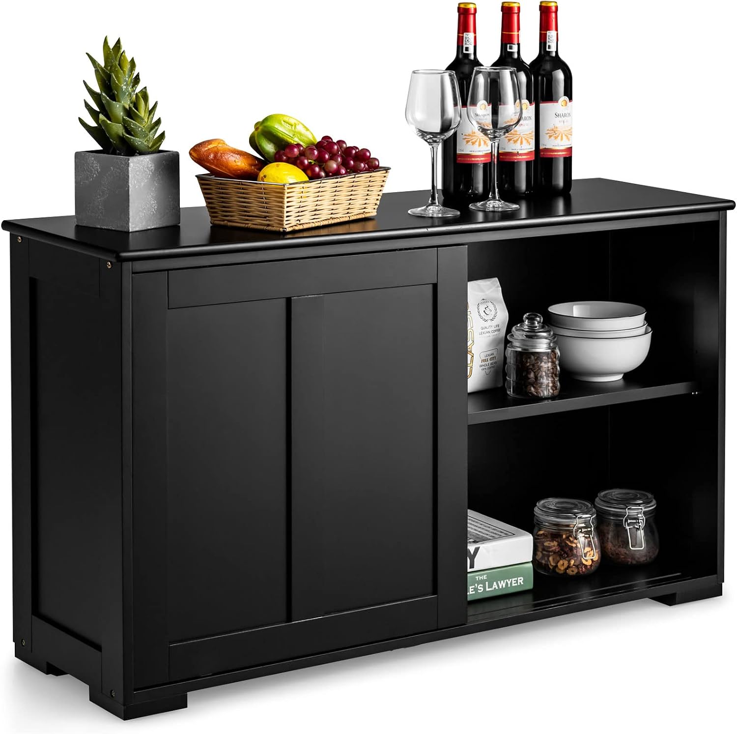 Black Wood Sliding Glass Door Sideboard Cabinet