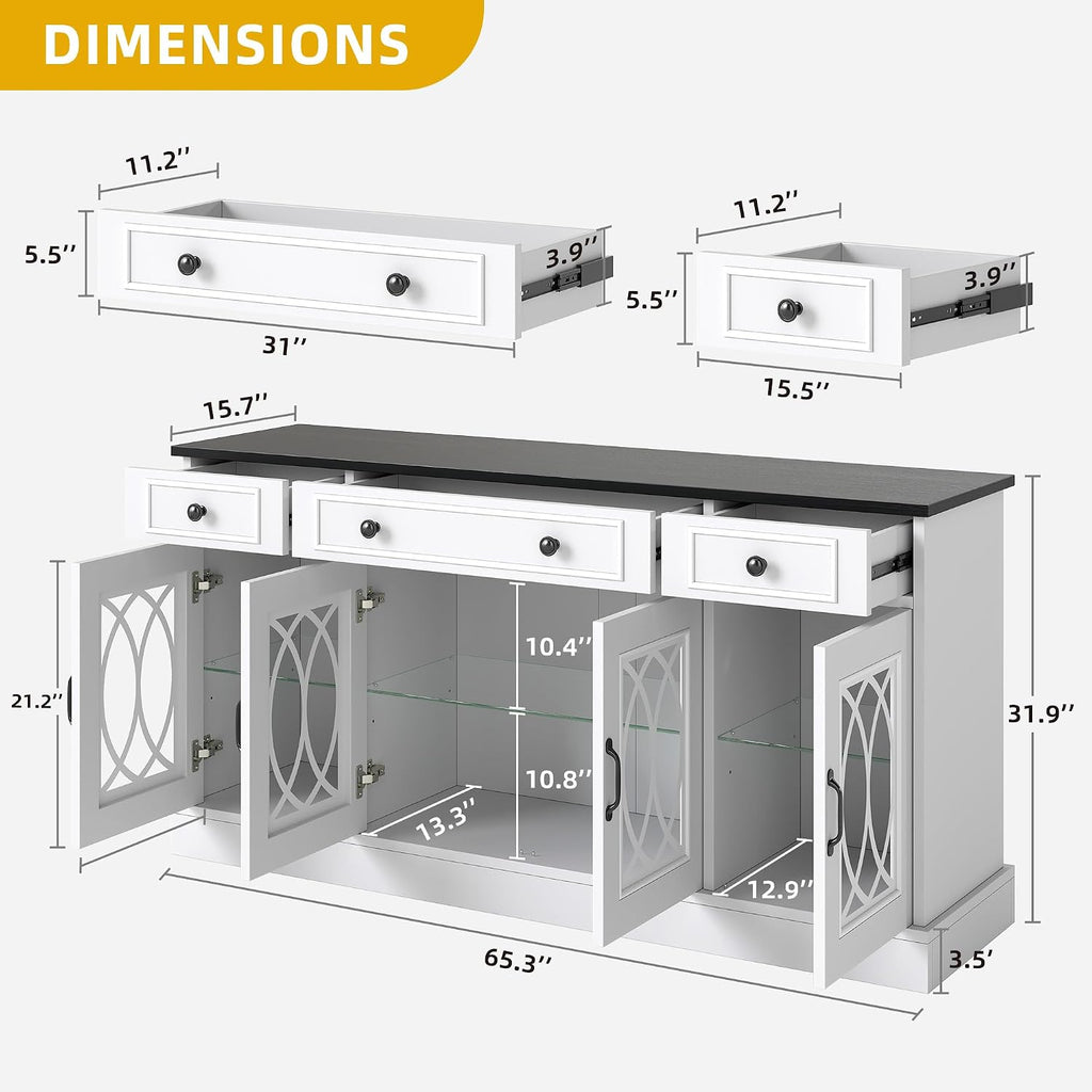 White 4 Glass Drawer Storage Sideboard Cabinet