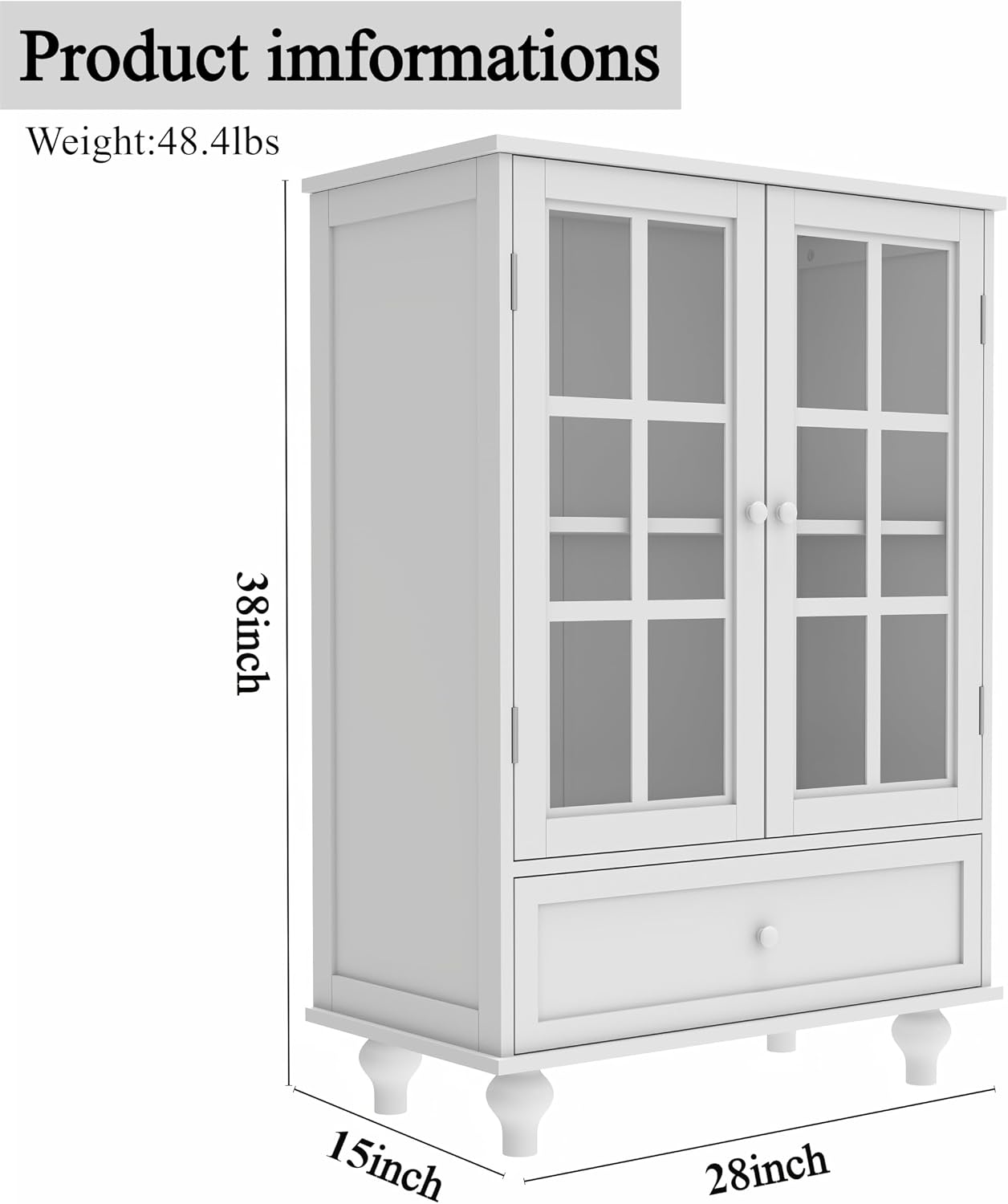 White MDF Glass Door Drawer Sideboard Cabinet