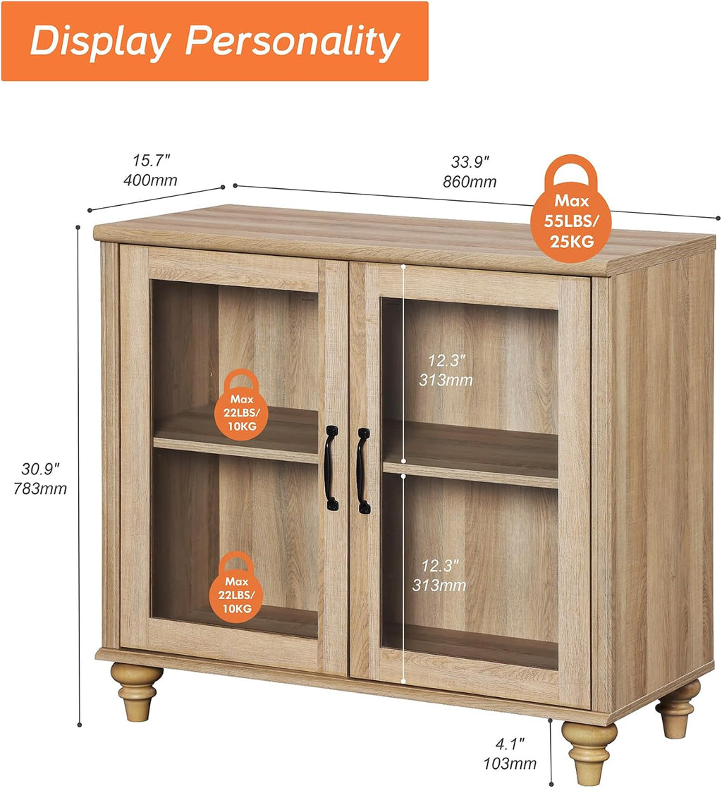 Oak 2 Glass Door Wood Buffet Cabinet