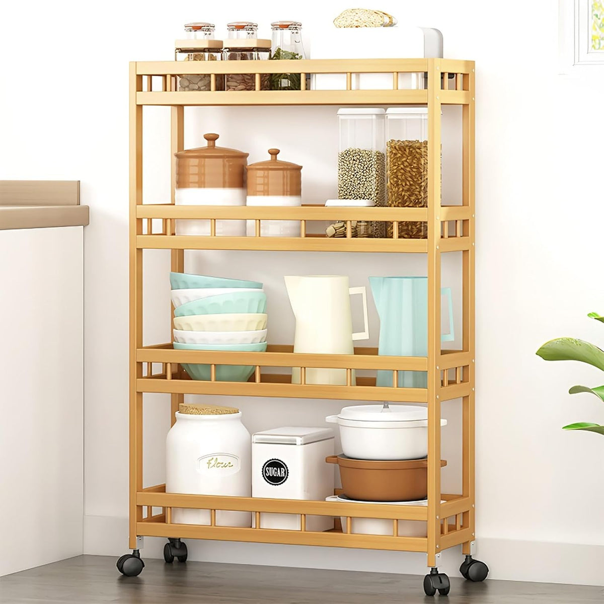 4 Tier Bamboo Rolling Kitchen Storage Cart