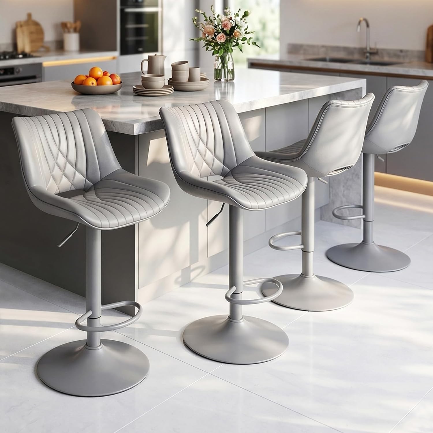 Gray PU Leather Adjustable Swivel Bar Stools