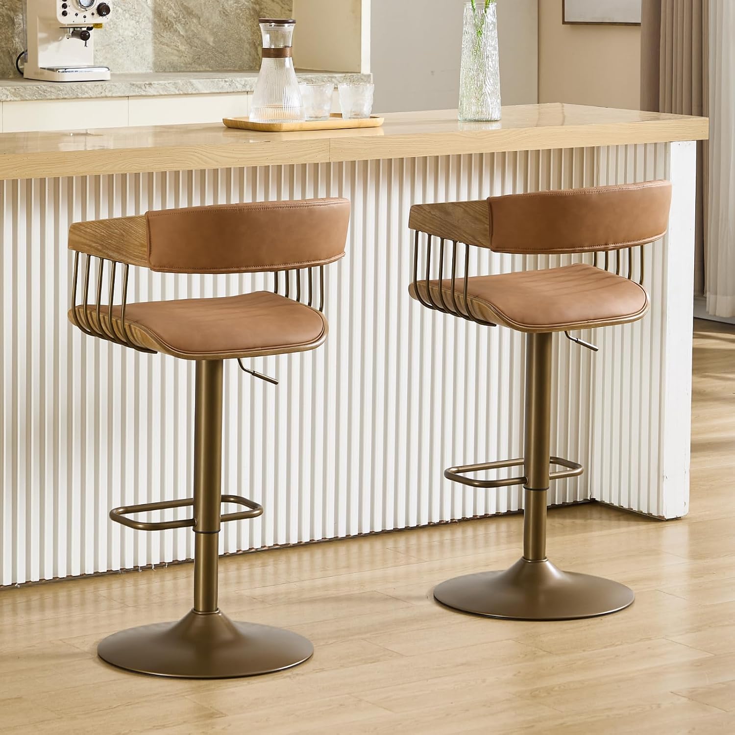 Brown PU Leather Adjustable Back Bar Stools