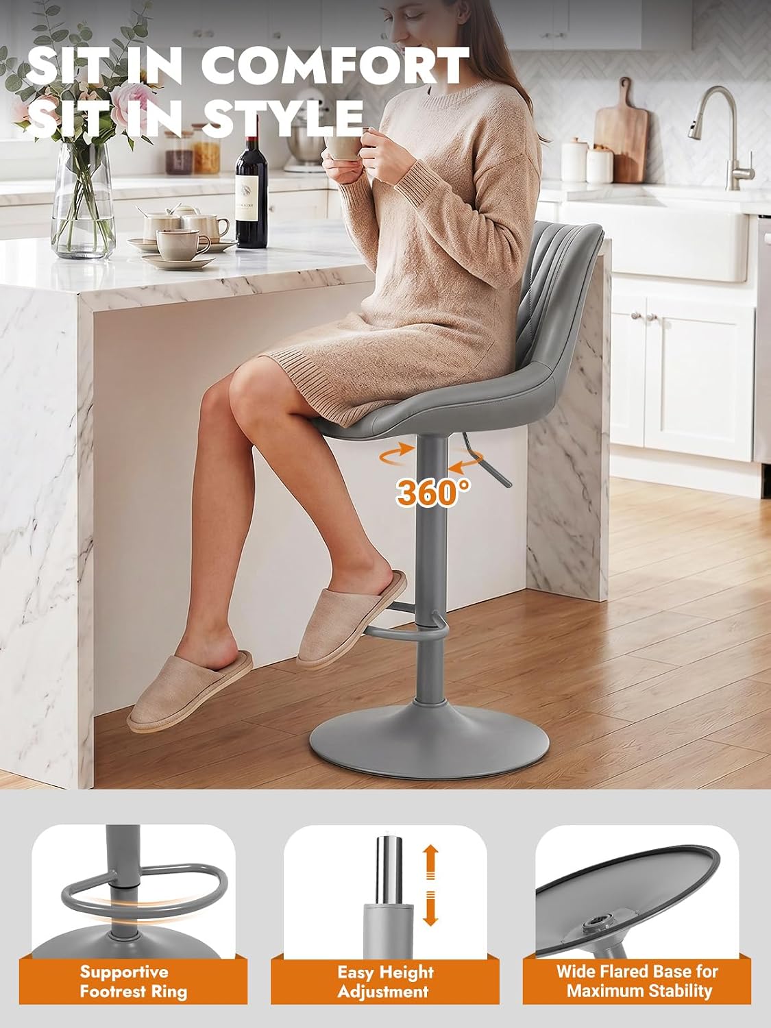 Gray PU Leather Adjustable Swivel Bar Stools