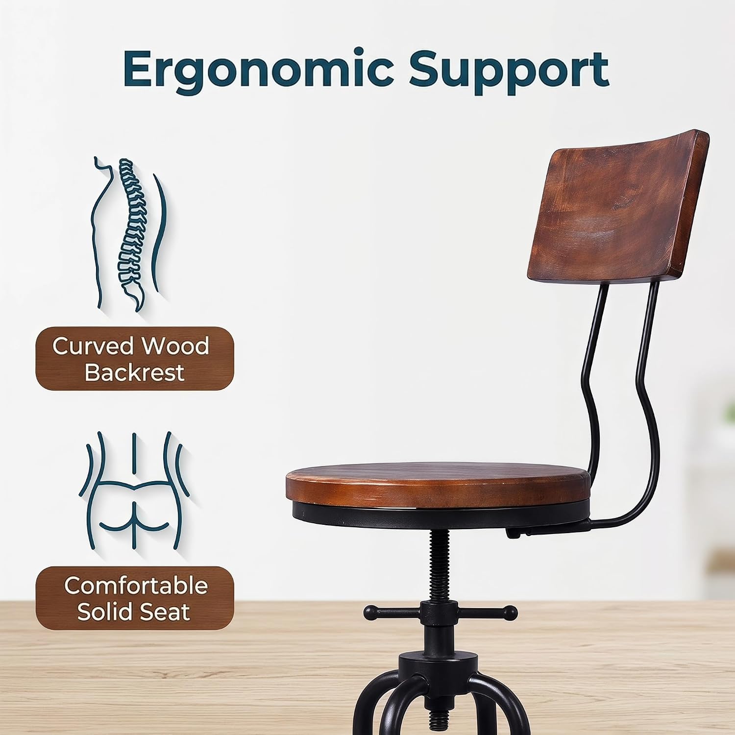 Metal Wood Adjustable Swivel Counter Stools Set