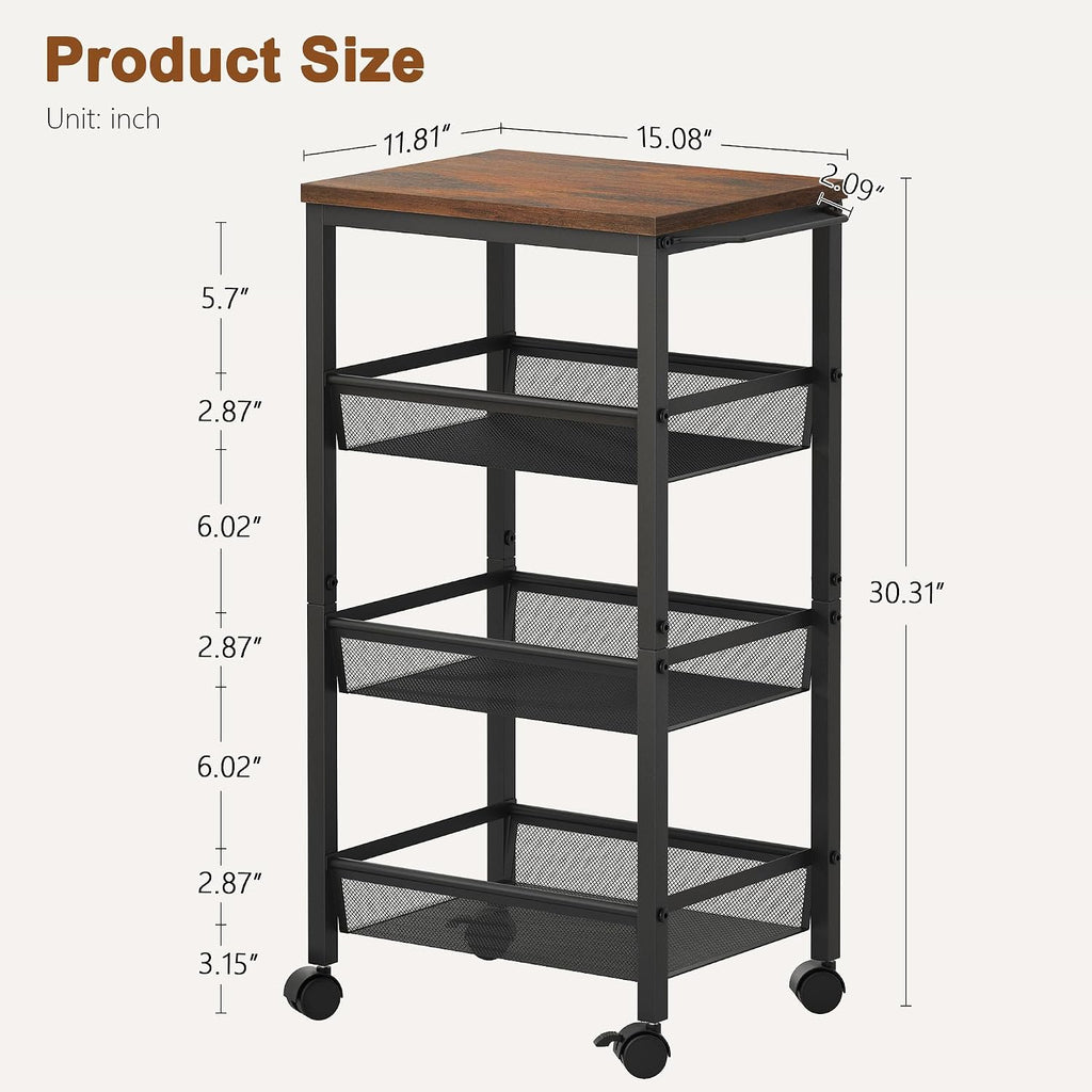 Rustic Brown 4 Tier Rolling Storage Cart