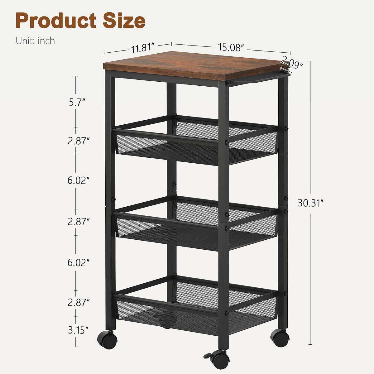 Rustic Brown 4 Tier Rolling Storage Cart