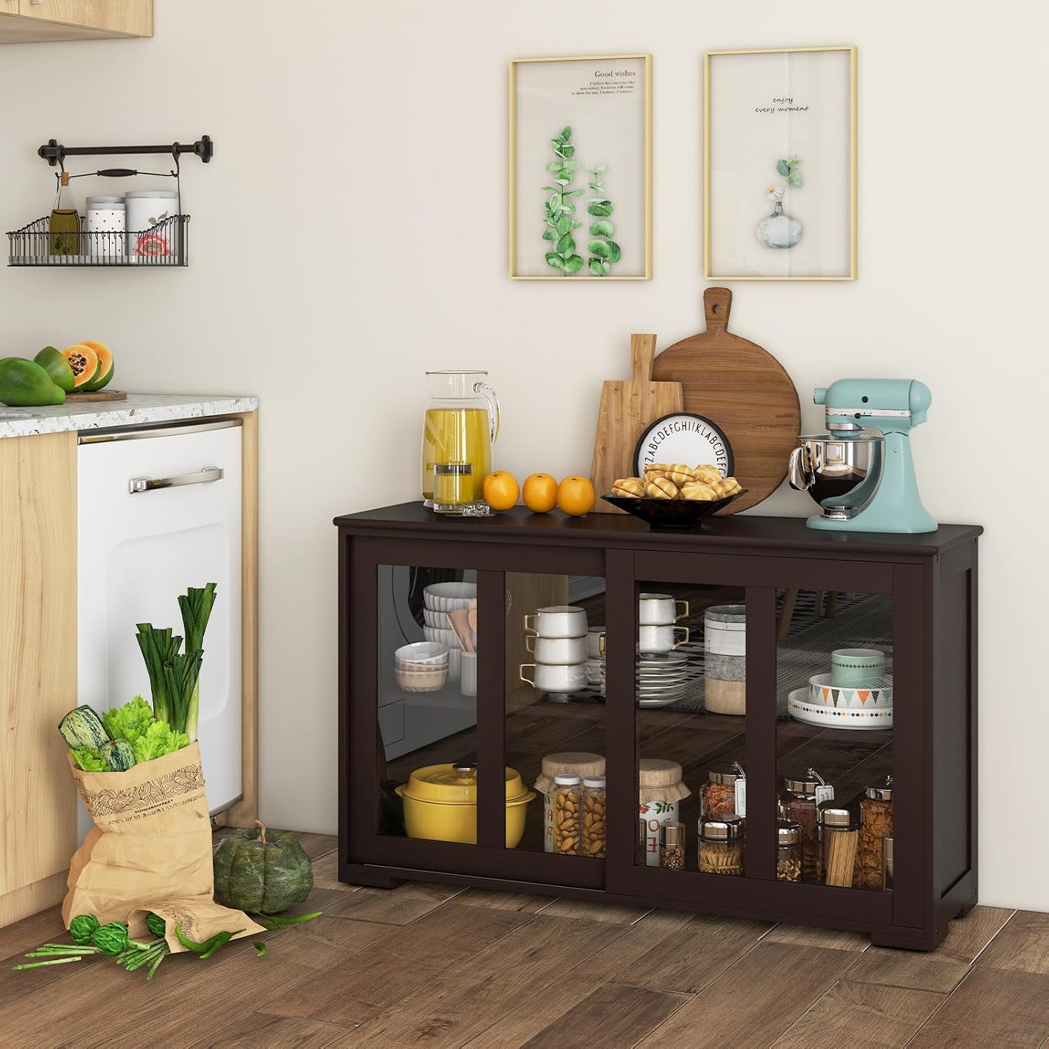 Brown Sliding Glass Door Wood Sideboard Cabinet