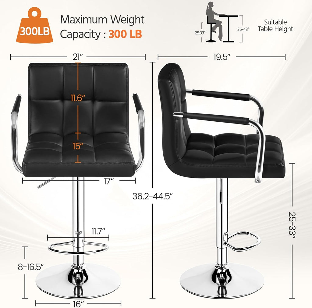 Black PU Leather Adjustable Swivel Bar Stools