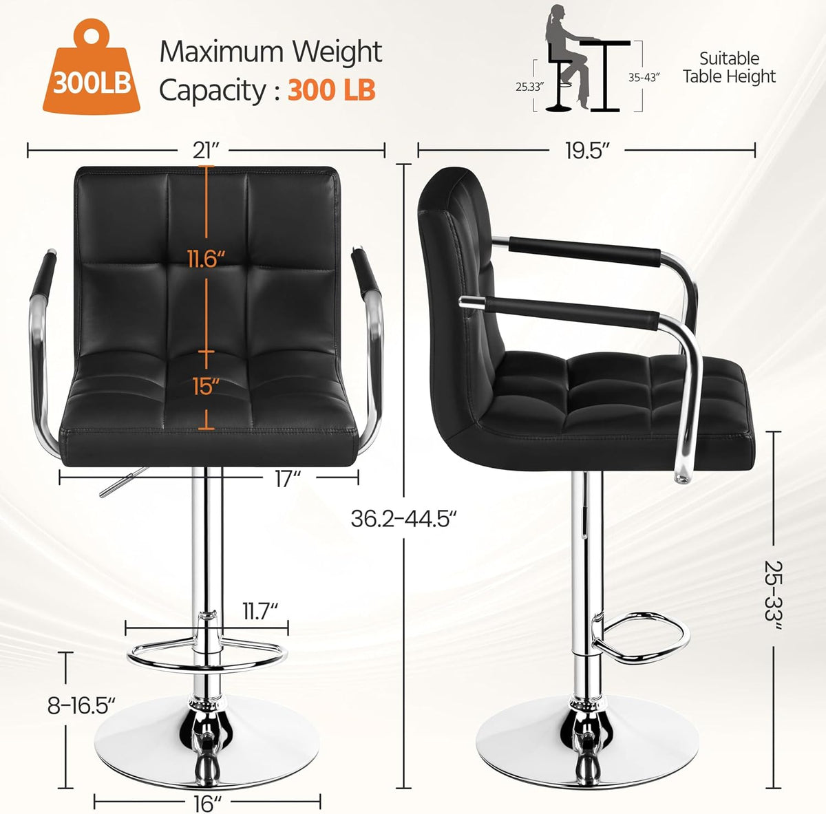 Black PU Leather Adjustable Swivel Bar Stools