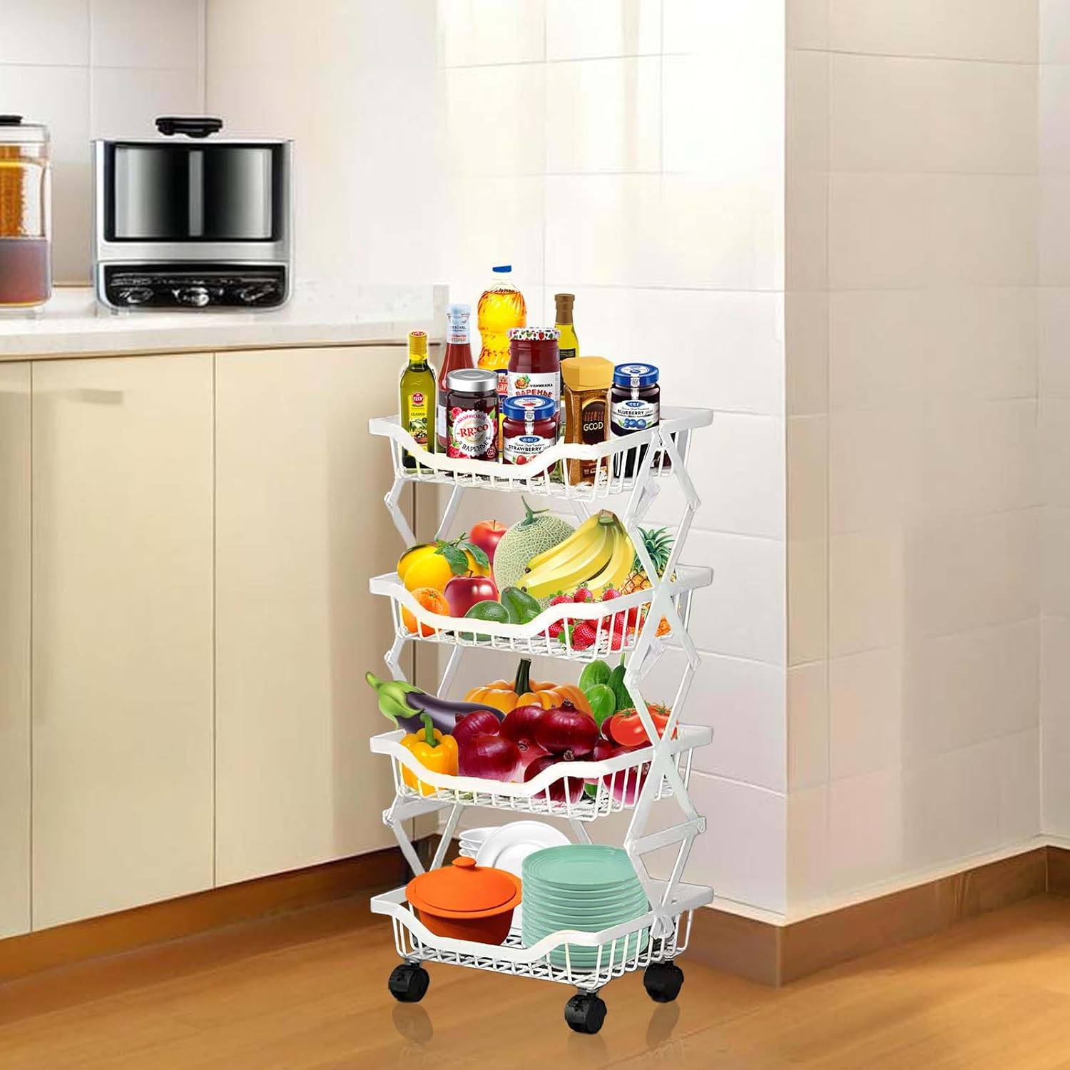 White 4 Tier Rolling Metal Storage Cart