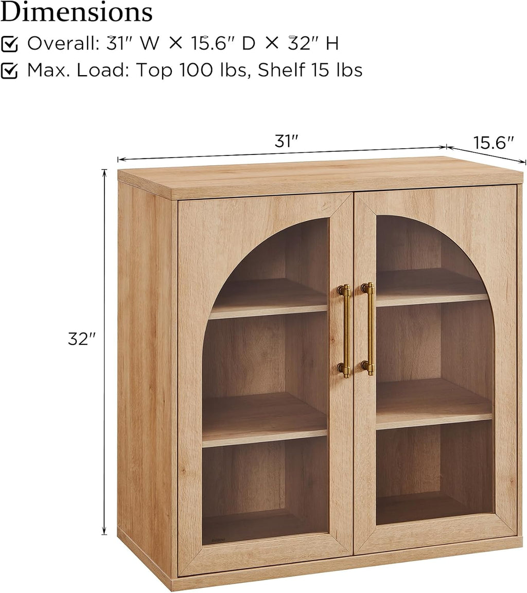 Oak Arched Glass Door Sideboard Cabinet