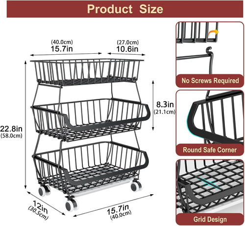 3 Tier Wire Rolling Kitchen Storage Cart
