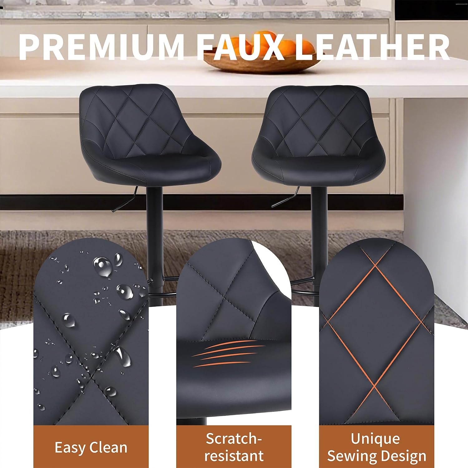 Black PU Leather Adjustable Swivel Bar Stools