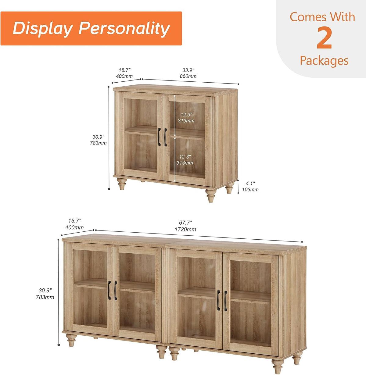Oak 4 Glass Door Wood Sideboard Cabinet