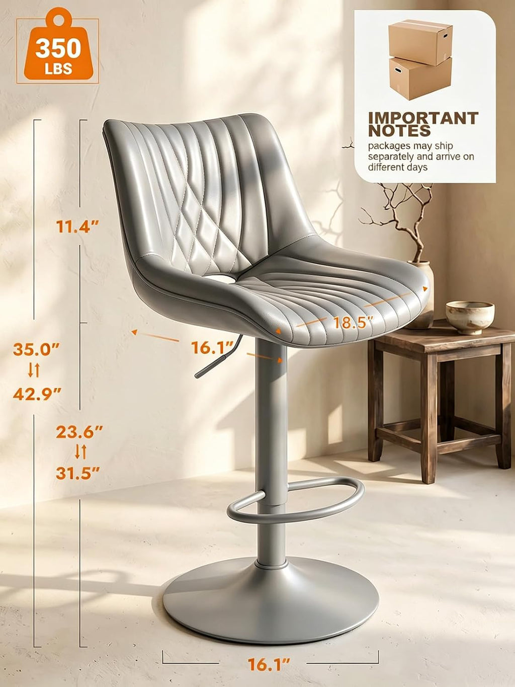 Gray PU Leather Adjustable Swivel Bar Stools
