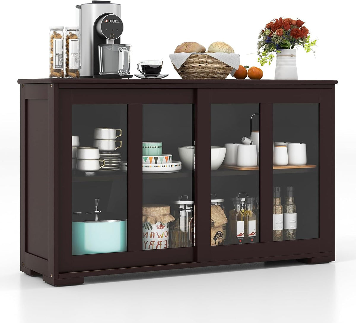 Brown Sliding Glass Door Wood Sideboard Cabinet