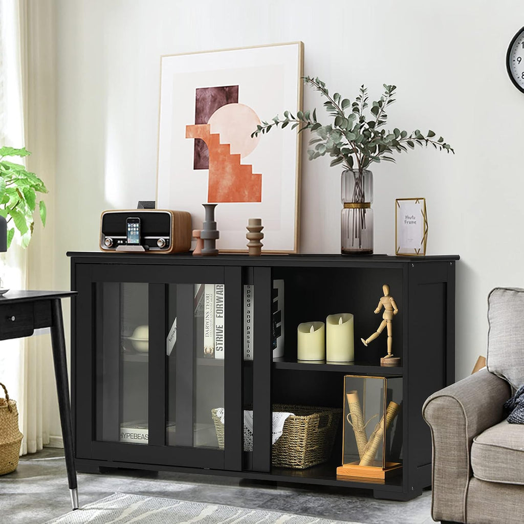 Black Wood Sliding Glass Door Sideboard Cabinet